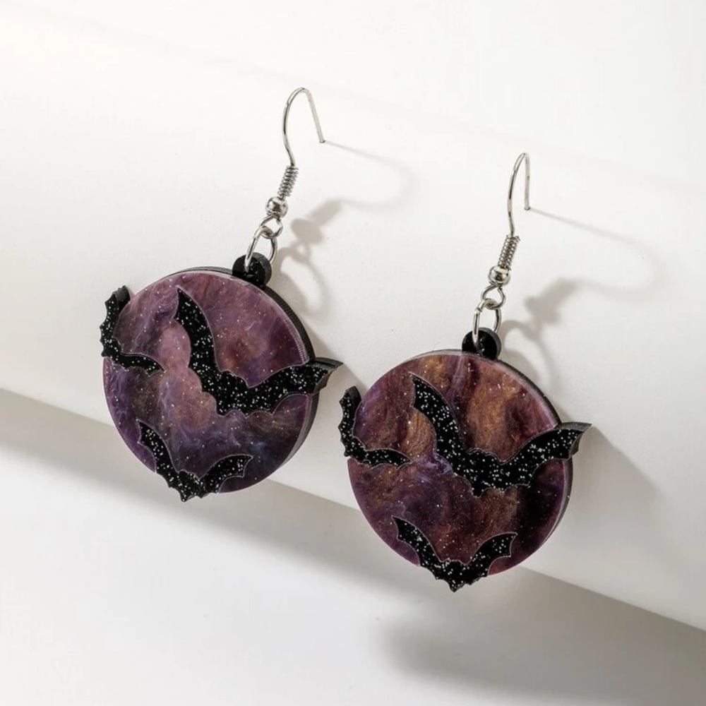 🦇 Awesome Glitter Bat Moon Drop Earrings 🦇